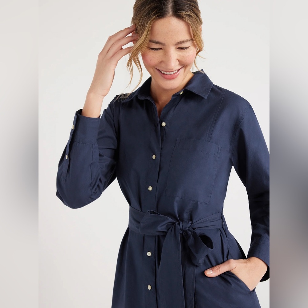 Elegant Navy Shirt Dress with Waist Tie - Picture 3 of 5